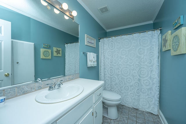 bathroom featuring tile patterned flooring, a textured ceiling, toilet, vanity, and ornamental molding