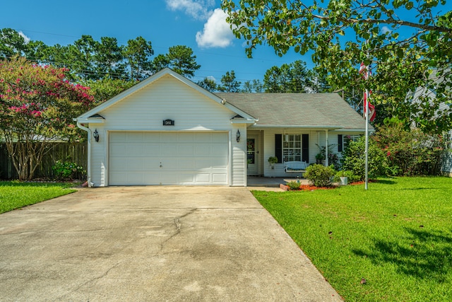 ranch-style house with a porch, a garage, and a front lawn