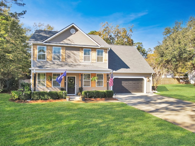 view of front of home with a garage and a front lawn