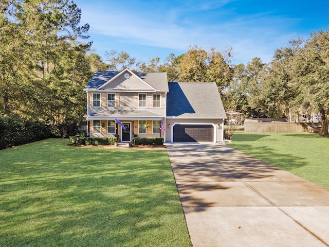 colonial home featuring a porch, a garage, and a front lawn