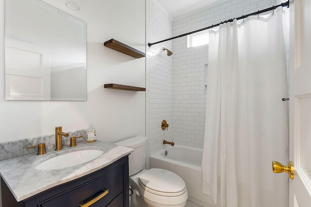 bathroom with toilet, shower / bath combination with curtain, and vanity
