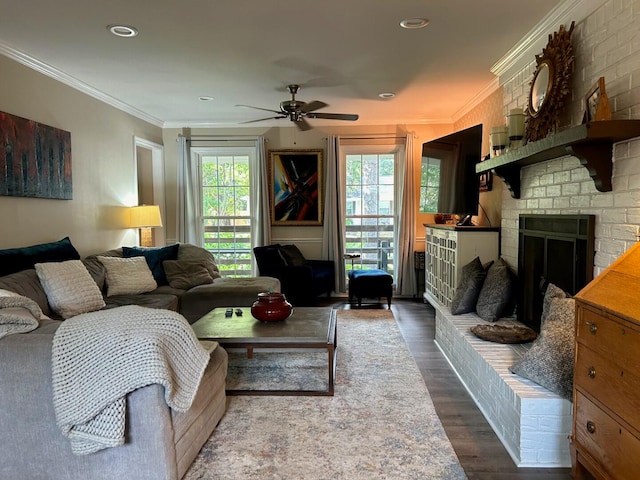 living room with ornamental molding, hardwood / wood-style floors, a fireplace, and ceiling fan