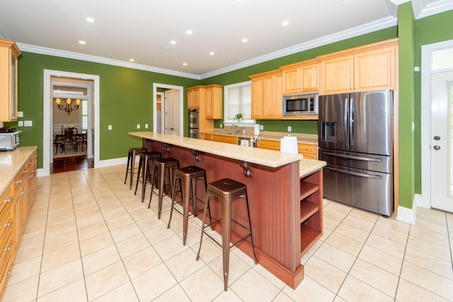 kitchen with light tile patterned floors, a center island, stainless steel appliances, a kitchen bar, and open shelves