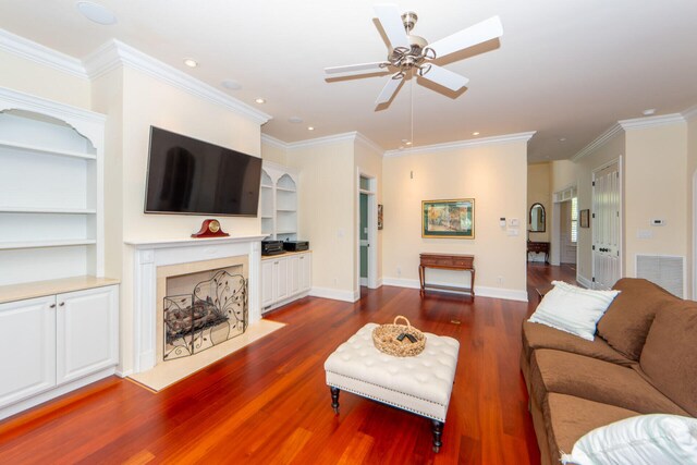 living room with crown molding, french doors, ceiling fan, and dark hardwood / wood-style floors