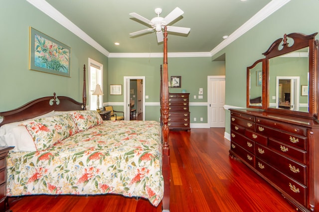 bedroom featuring dark wood-style flooring, crown molding, and ceiling fan