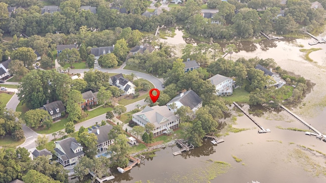 aerial view featuring a water view and a residential view