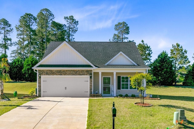 224 Young Town Cir, Orangeburg, SC 29118 - view of front facade with concrete driveway, an attached garage, stone siding, and a front yard