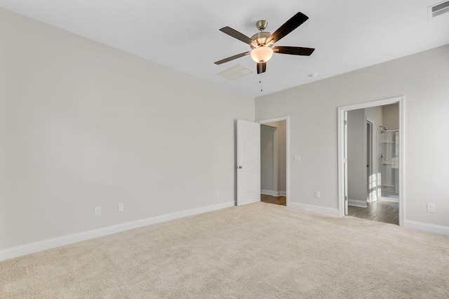 224 Young Town Cir, Orangeburg, SC 29118 - unfurnished bedroom with visible vents, a ceiling fan, connected bathroom, baseboards, and carpet flooring