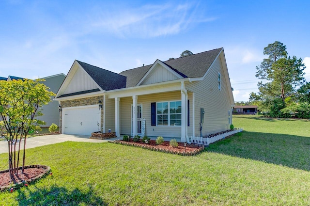 224 Young Town Cir, Orangeburg, SC 29118 - view of front facade featuring concrete driveway, a front lawn, a shingled roof, covered porch, and an attached garage