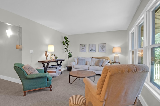 living area with a healthy amount of sunlight, baseboards, and carpet floors