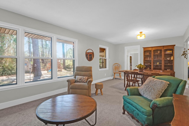 living area with baseboards and carpet