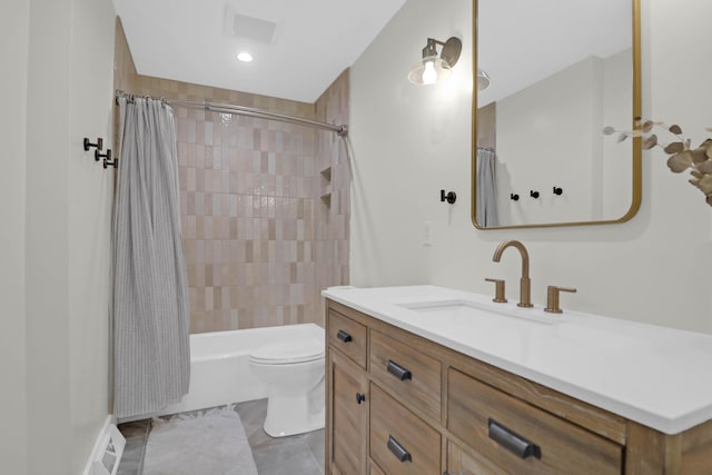 bathroom with visible vents, toilet, tile patterned floors, shower / bath combination with curtain, and vanity