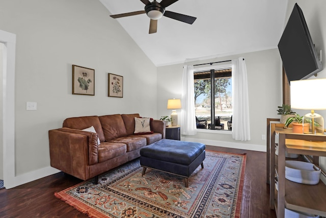 living room with dark wood finished floors, ceiling fan, high vaulted ceiling, and baseboards