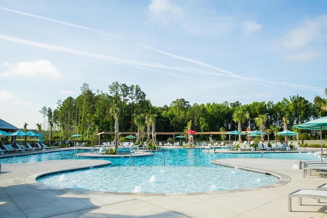 view of pool featuring a patio area and pool water feature