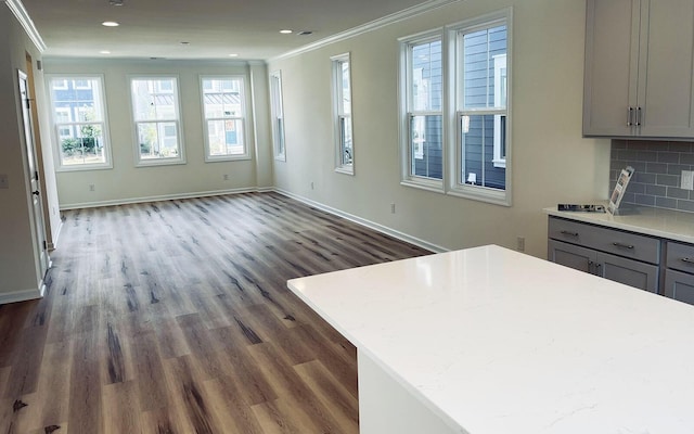 kitchen with gray cabinets, a kitchen island, dark wood-type flooring, and decorative backsplash