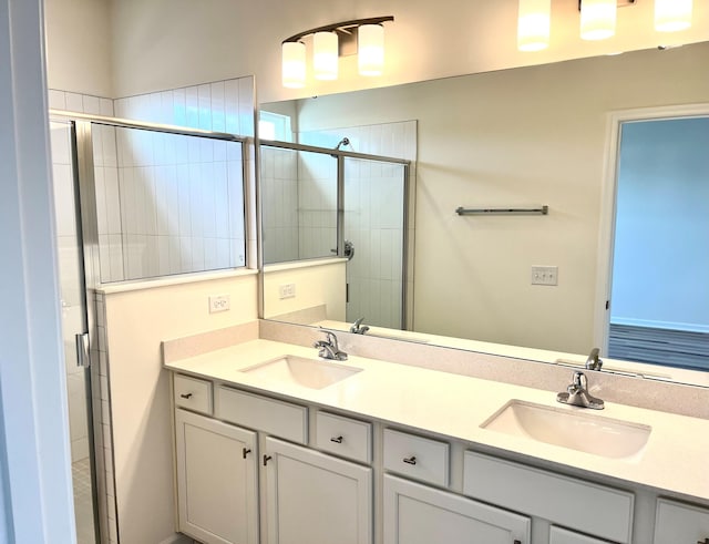 bathroom featuring vanity and a shower with shower door