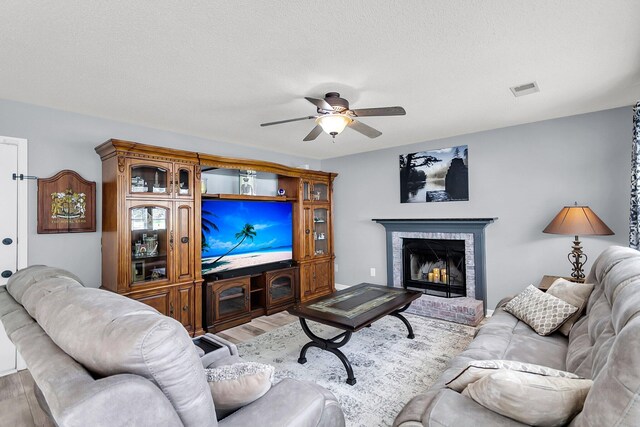 100 Conset Bay Ct, Goose Creek, SC 29445 - living room featuring light wood finished floors, a ceiling fan, and a fireplace