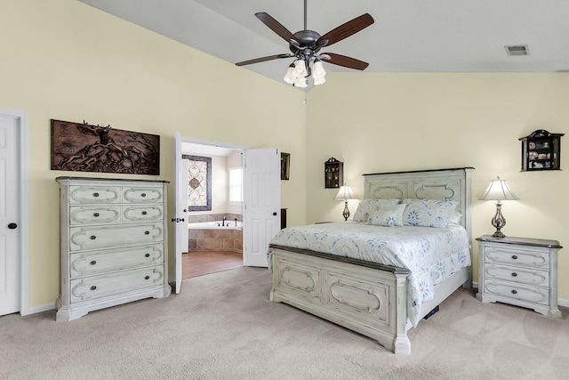 100 Conset Bay Ct, Goose Creek, SC 29445 - bedroom with light carpet, ensuite bath, lofted ceiling, a ceiling fan, and baseboards