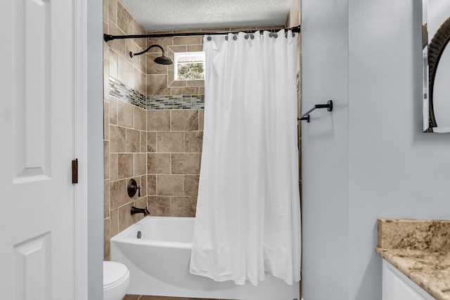 100 Conset Bay Ct, Goose Creek, SC 29445 - bathroom featuring vanity, toilet, shower / bathtub combination with curtain, and a textured ceiling