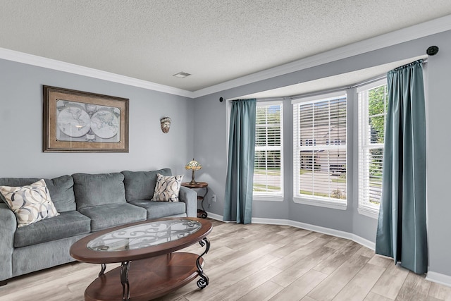 100 Conset Bay Ct, Goose Creek, SC 29445 - living room with a textured ceiling, light wood-type flooring, crown molding, and baseboards
