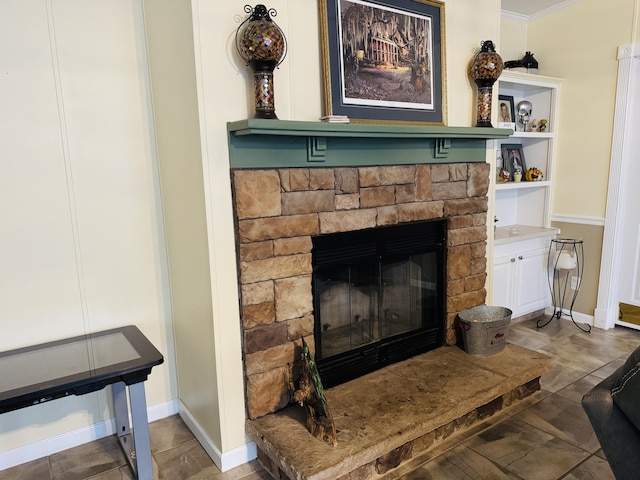 interior details featuring a stone fireplace