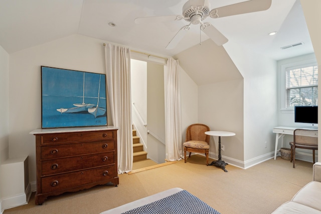 carpeted bedroom featuring lofted ceiling and ceiling fan