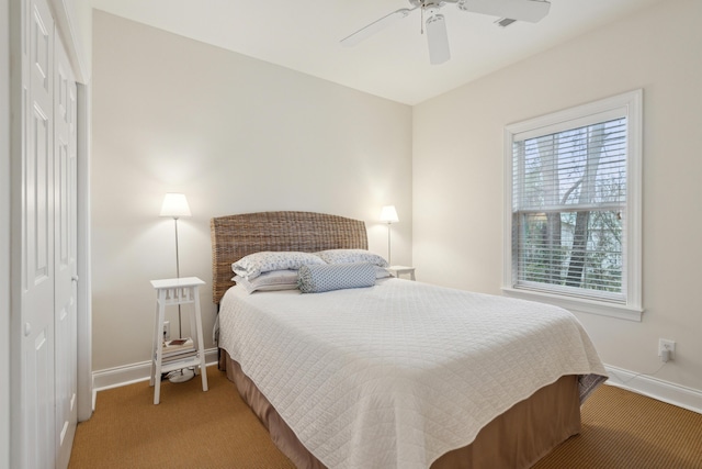 bedroom featuring carpet flooring and ceiling fan