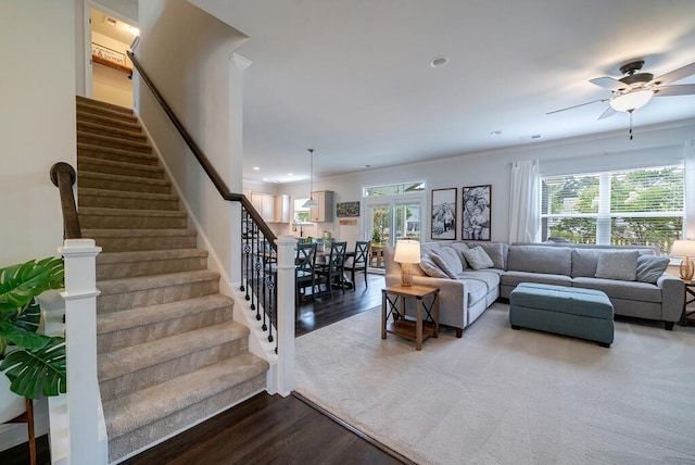 2024 Lanneau Ln, Johns Island, SC 29455 - living room featuring stairs, wood finished floors, ceiling fan, recessed lighting, and crown molding