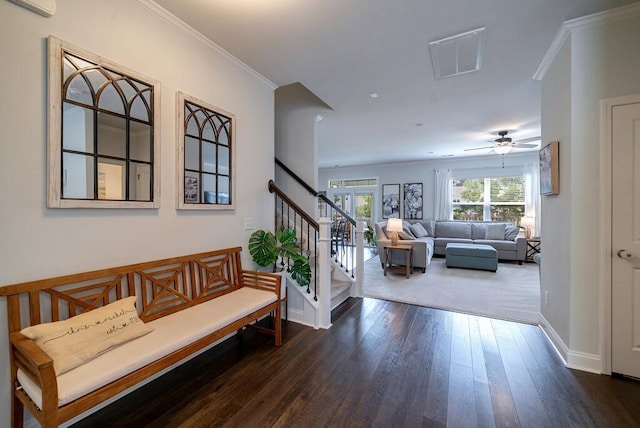 2024 Lanneau Ln, Johns Island, SC 29455 - entryway featuring stairs, hardwood / wood-style floors, a ceiling fan, and crown molding