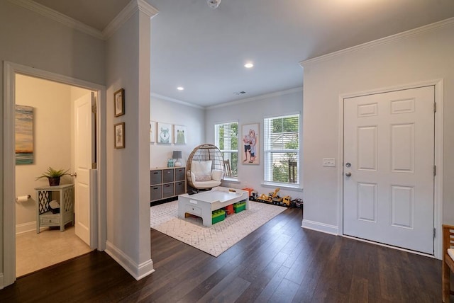 2024 Lanneau Ln, Johns Island, SC 29455 - entrance foyer with dark wood-style floors, ornamental molding, and recessed lighting
