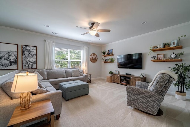 2024 Lanneau Ln, Johns Island, SC 29455 - living room with a ceiling fan, light carpet, and crown molding