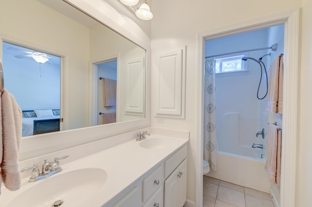 bathroom with tile patterned flooring, a sink, shower / bathtub combination with curtain, and double vanity