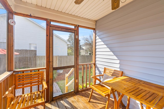 sunroom featuring ceiling fan