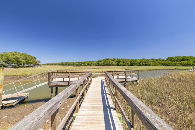 view of dock featuring a water view and a rural view