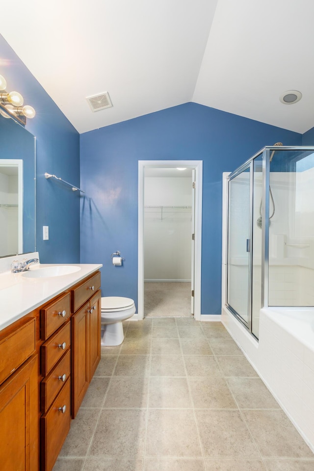 full bathroom featuring tile patterned flooring, plus walk in shower, vaulted ceiling, and vanity