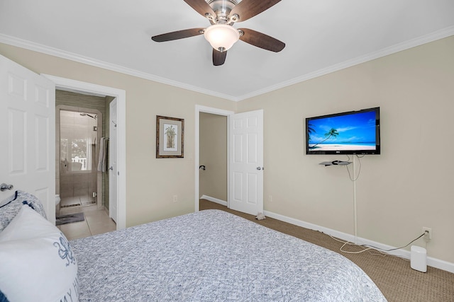 bedroom with crown molding, baseboards, and ceiling fan