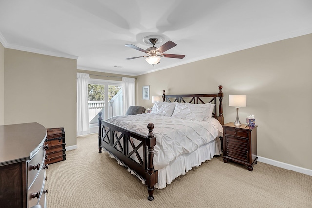 bedroom with access to exterior, baseboards, crown molding, and light colored carpet