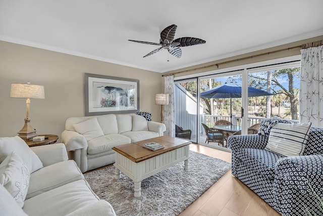 living room with a healthy amount of sunlight, crown molding, and light wood finished floors