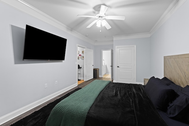 bedroom with crown molding, wood-type flooring, ensuite bath, and ceiling fan