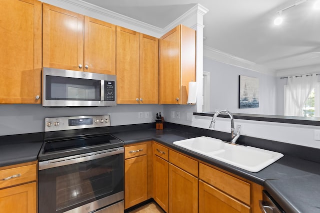 kitchen featuring sink, ornamental molding, and stainless steel appliances