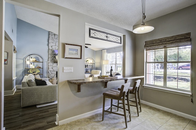 dining area with a textured ceiling, baseboards, and vaulted ceiling