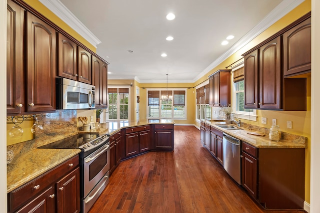 kitchen with pendant lighting, a notable chandelier, appliances with stainless steel finishes, and dark hardwood / wood-style flooring