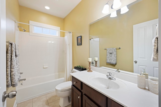 full bathroom with vanity, toilet, tile patterned floors, and shower / bathtub combination with curtain