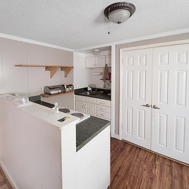 1201 Crescent St, Summerton, SC 29148 - kitchen with crown molding, a textured ceiling, dark wood-type flooring, open shelves, and dark countertops