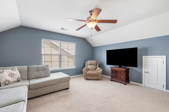 living room featuring visible vents, carpet floors, lofted ceiling, baseboards, and ceiling fan
