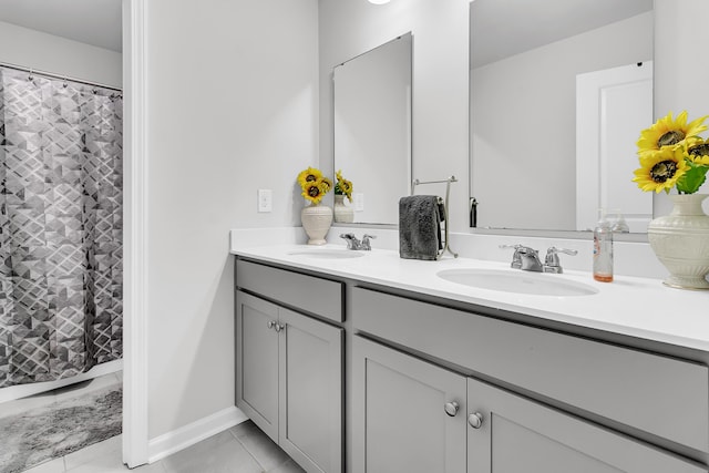 bathroom with vanity, tile patterned flooring, and a shower with shower curtain