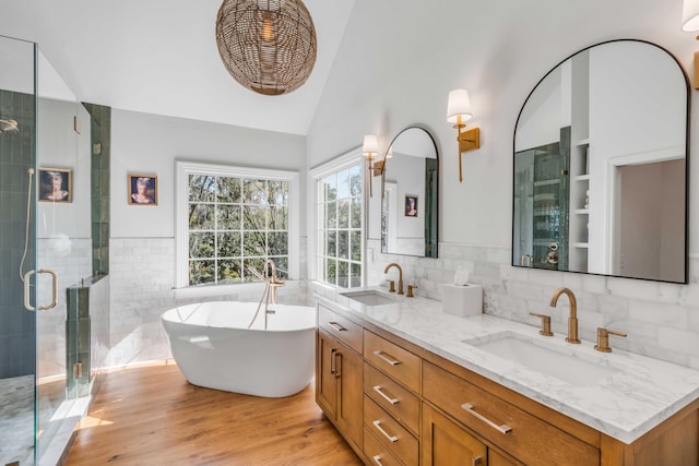 bathroom with double vanity, a sink, a soaking tub, and a shower stall