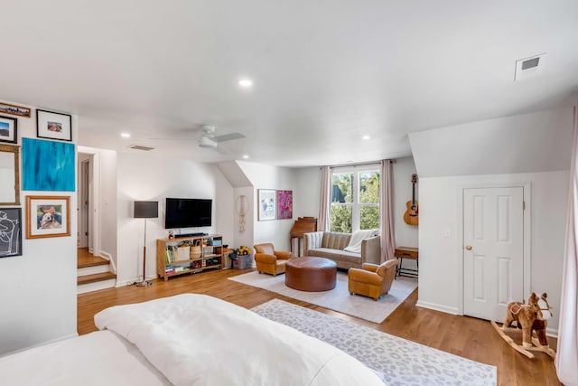 bedroom featuring visible vents, recessed lighting, and wood finished floors