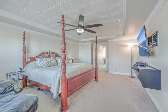 bedroom featuring crown molding, ceiling fan, light colored carpet, and baseboards