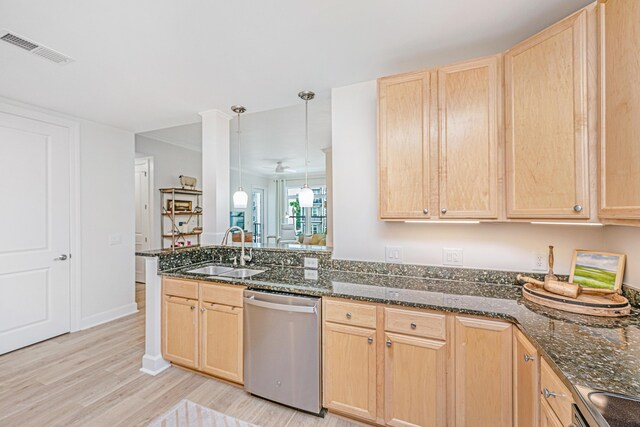 145 Pier View St Unit 214, Daniel Island, SC 29492 - kitchen featuring dishwasher, a sink, light brown cabinets, light wood-style flooring, and a peninsula